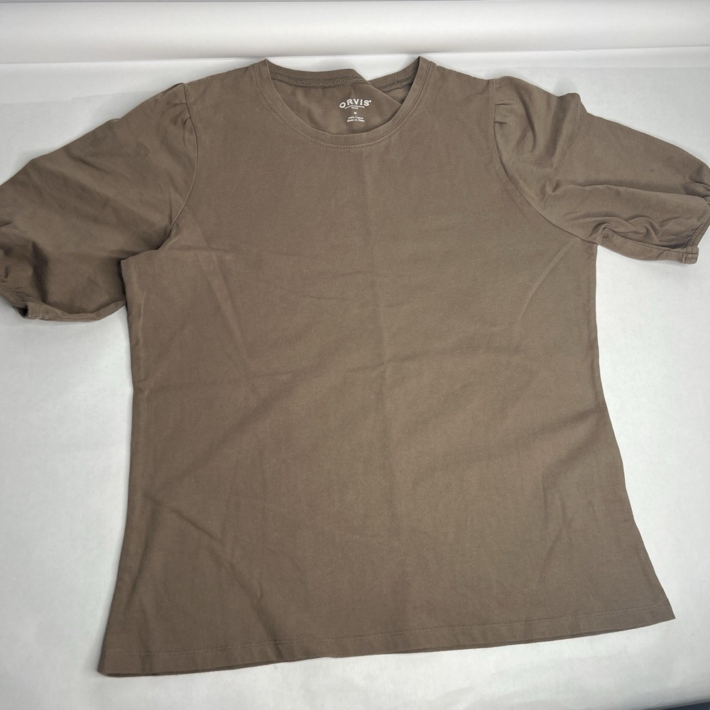 Orvis Womens Top M Brown 100% Cotton Round Scoop Neck Poof Sleeve